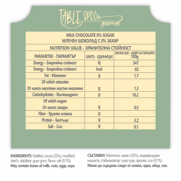 MILK CHOCOLATE 0% SUGAR
